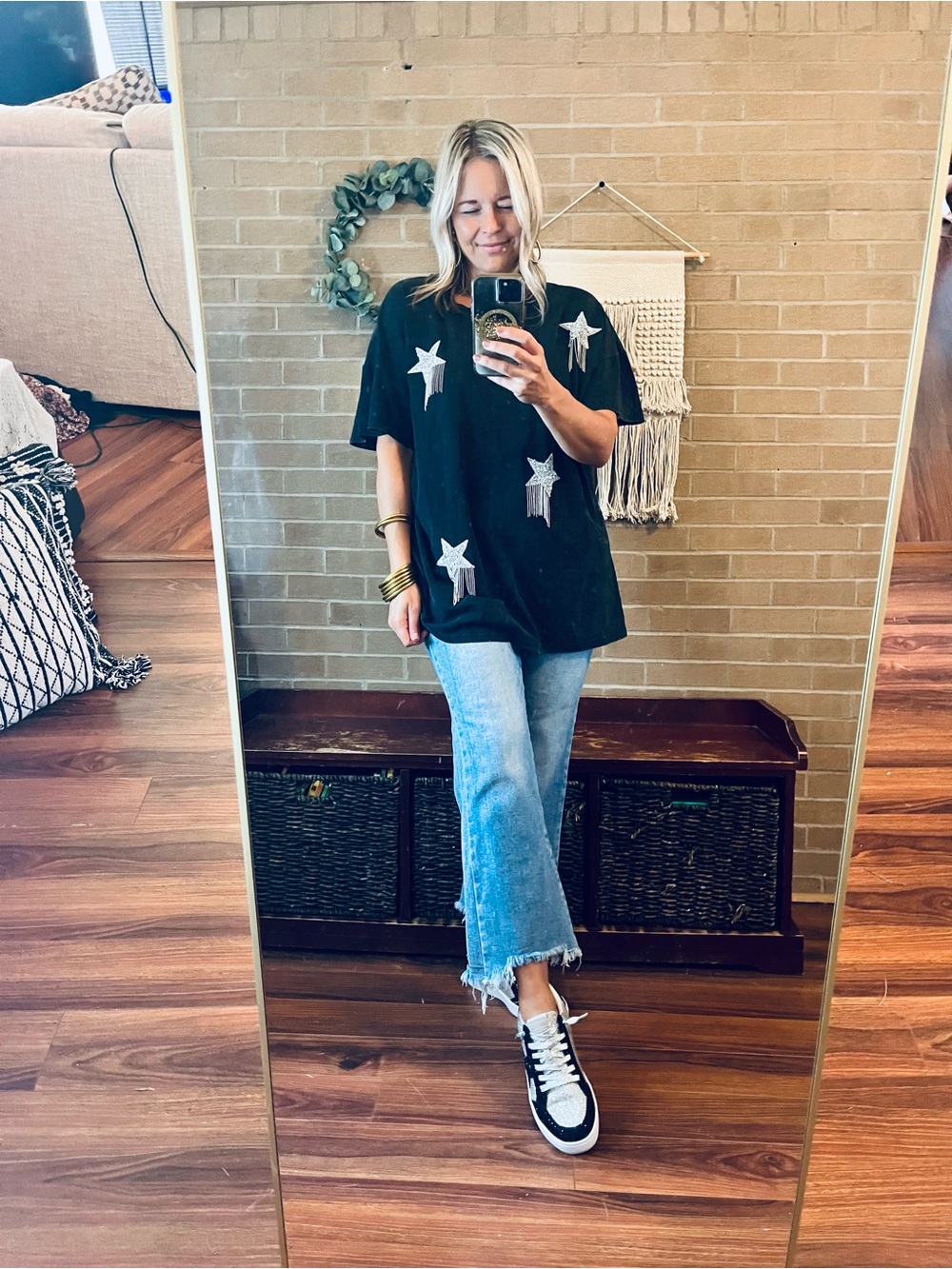 Black Short Sleeve Tee with Silver Star Fringe Embellishments